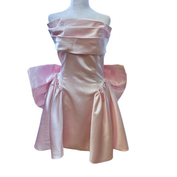 Soft Pink Satin Coquette Formal Dress Ruffle Bodice Dramatic Oversized Bow Train - Picture 3 of 12